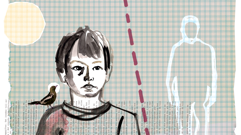 Illustration föreställande en pojke i förgrunden och en vuxen gestalt i bakgrunden