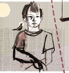 tecknad bild på barn i halvfigur som tittar framåt. en streckad linje skiljer hen från en vuxen skepnad i bakgrunden.