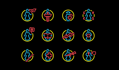 En illustration som visar siluetten av 12 kvinnorkroppar med olika symboler framför, såsom talarstol, dollartecken, nalle.