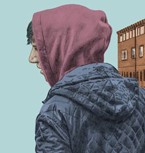 Illustration på en tonåring i huva vänd mot kameran. Han är ute i närheten av en byggnad och tunnelbana