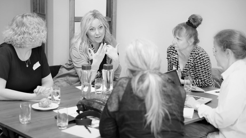 Fem mötesdeltagare sitter vid ett bord. En kvinna pratar och gestikulerar.