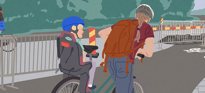 Illustration av förälder som cyklar med ett barn i barnsadel