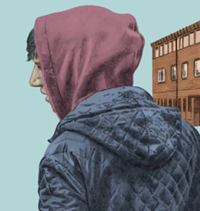 En tecknad illustration av en tonårskille snett bakifrån med luva uppdragen över huvudet.