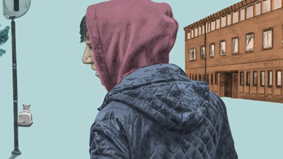 En tecknad illustration av en tonårskille snett bakifrån med luva uppdragen över huvudet.