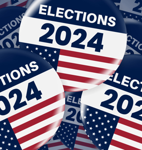 Pins för valet i USA 2024 med texten "Elections 2024" och mönster av den amerikanska flaggan.